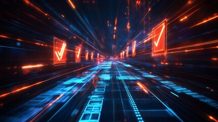 Obraz premium Abstract Digital Tunnel Futuristic Technology Background Red Blue Neon Glowing Checkmarks Data Stream Lines Speed Innovation Progress Modern Design Concept Digital Art Illustration