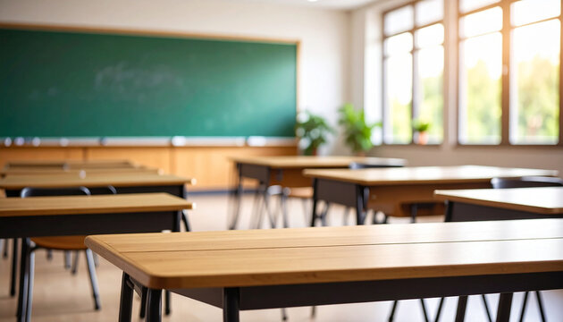 Chalkboard and school table at the empty classroom