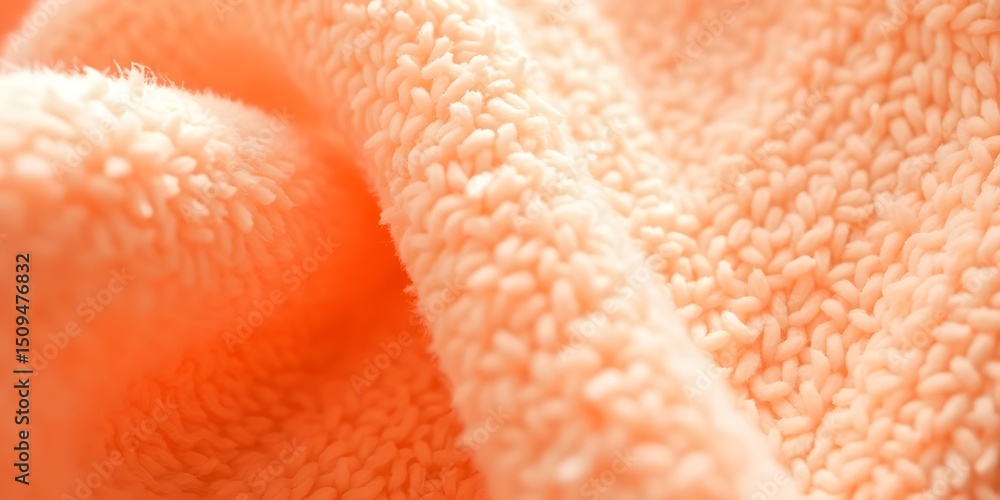 Poster Peach Fuzz Texture. Soft Fabric Close Up. Warm Light Creates Cozy Mood. Gentle Illumination Highlights Delicate Material. Beautiful Background For Design Projects.