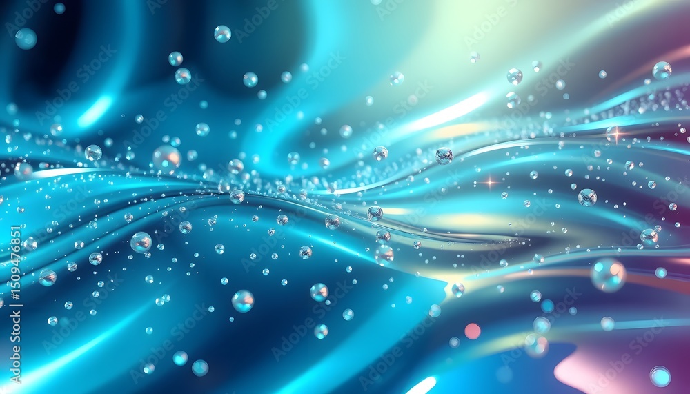 Poster Floating Chrome, A Dance Of Light And Motion As Particles Swirl With Futuristic Shine, Creating Captivating Smooth Gradients And Glowing Reflections. Abstract Beauty, Perfect For Modern Designs.