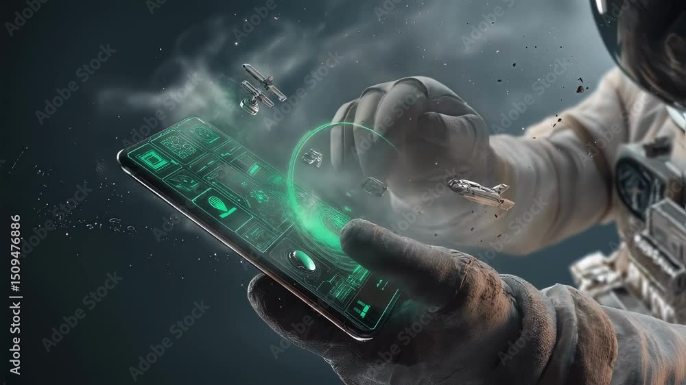 Poster astronaut in outer space skillfully manages a futuristic interface on a smartphone, controlling spac