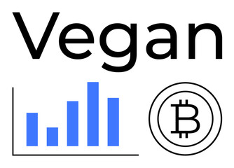 Blue bar chart and cryptocurrency Bitcoin marking alongside Vegan text. Ideal for sustainable finance, digital economy, eco-conscious living, vegans, analytics, blockchain, and ethical choices flat