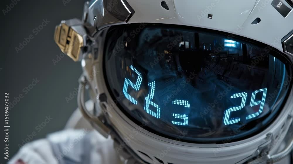 Poster futuristic astronaut wearing spacesuit and helmet with head up display - hud - showing oxygen levels