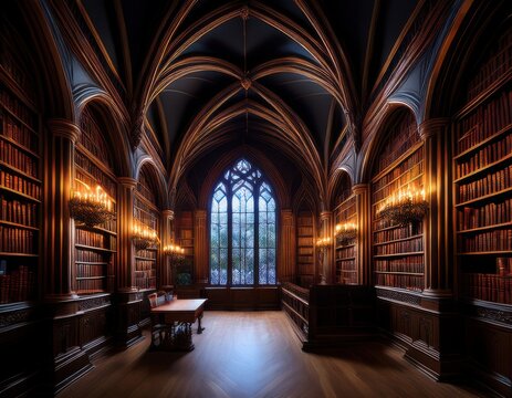 Dark academia library with gothic arches, candle-like lighting, and rich velvet drapes at the window