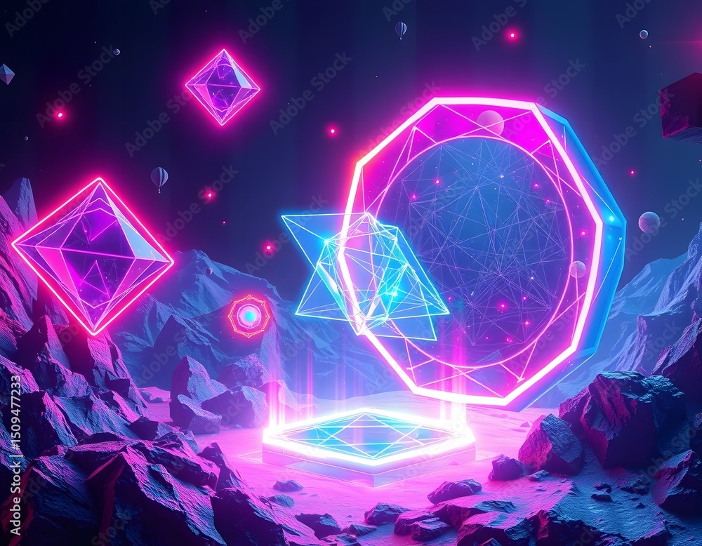 Leinwandbilder futuristic hologram display, a vibrant digital art piece featuring geometric forms and neon lights. 