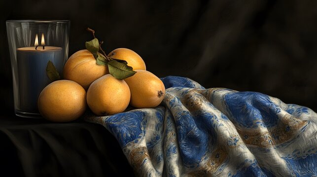 Fototapeta Still Life Painting with Pears Candle and Fabric