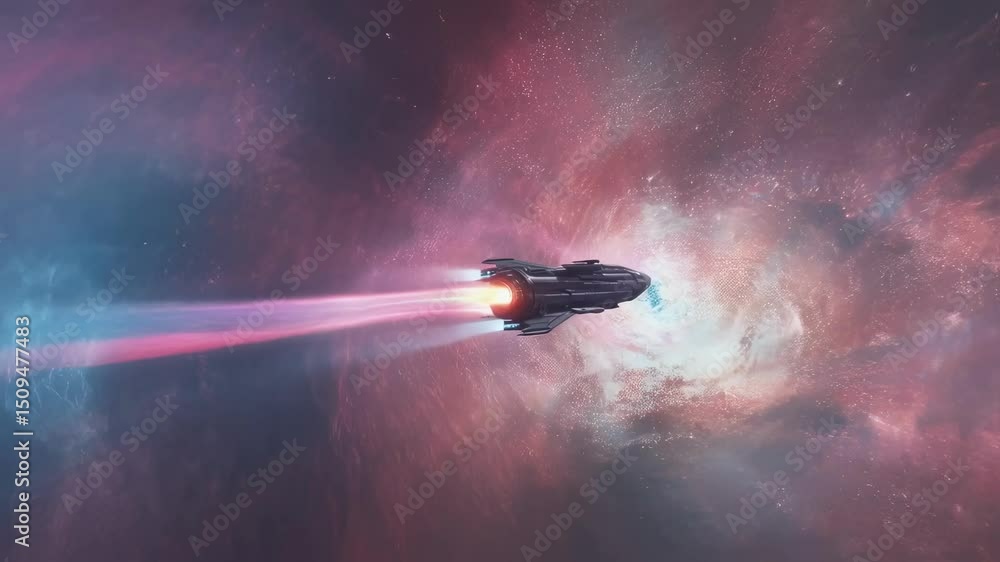 Poster futuristic spaceship navigating through a colorful wormhole in deep space, with bright nebulae and d