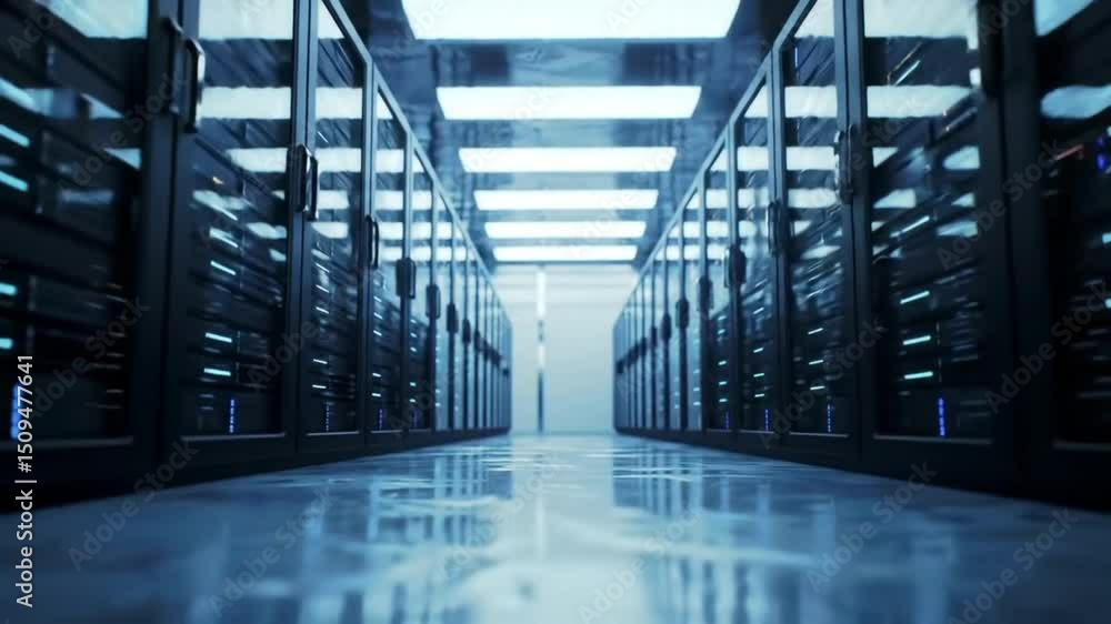 Poster rows of servers in a high-tech data center