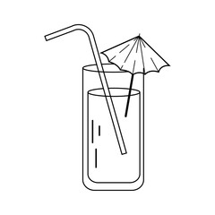 Minimal line art of a summer cocktail with straw and umbrella in a glass. Refreshing tropical drink for vacation, bar, or summer themes.