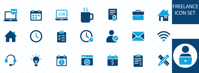 Freelance icon set . work online, remote work, freelancer, laptop, home office, client meeting, self-employed, graphic designer and more.