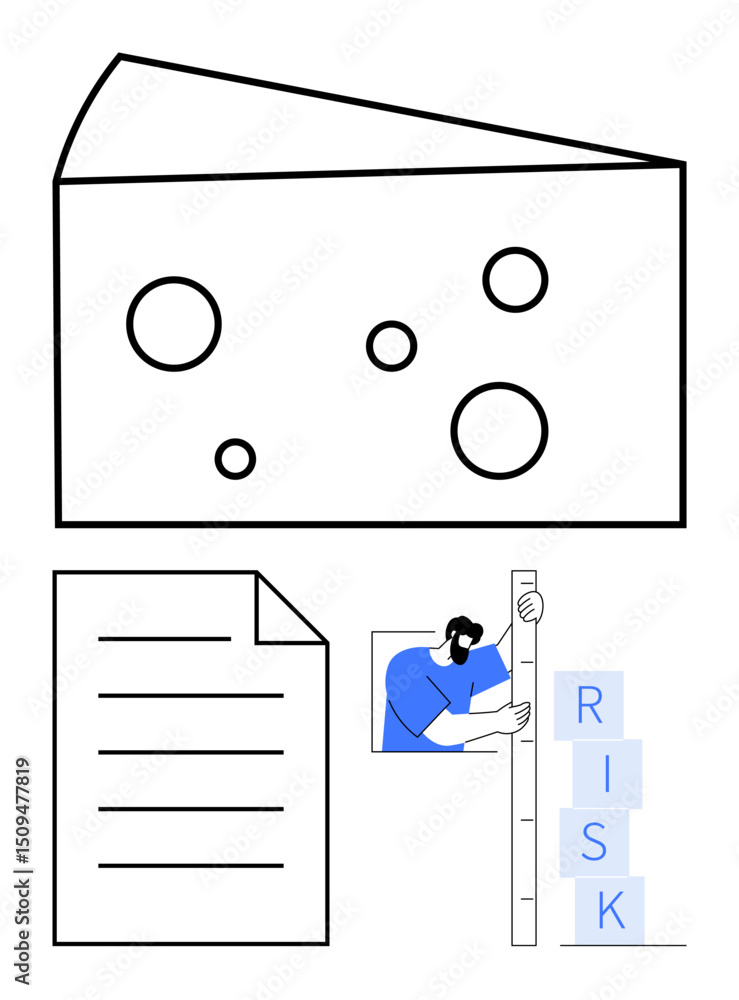 Poster large swiss cheese slice, document sheet with lines, and person measuring risk levels with blocks an