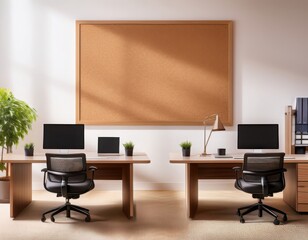 Dual desk office setup with matching wood furniture, symmetrical layout, and large shared corkboard.