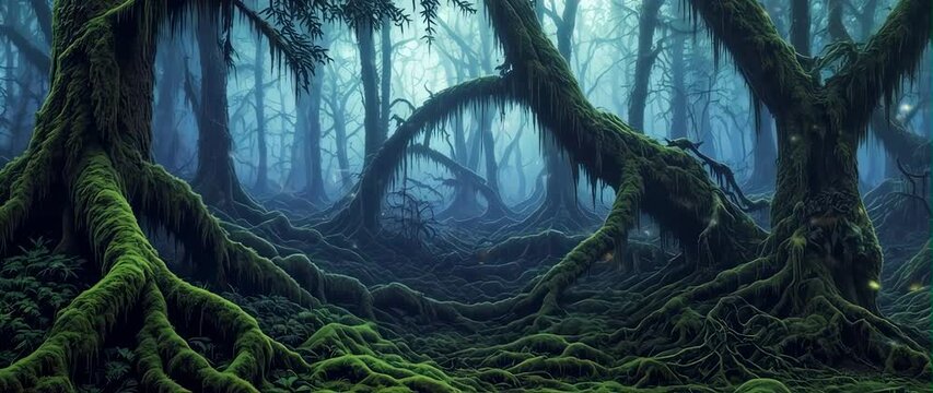 Anamorphic video Animation dark green mossy woods with flying firefly