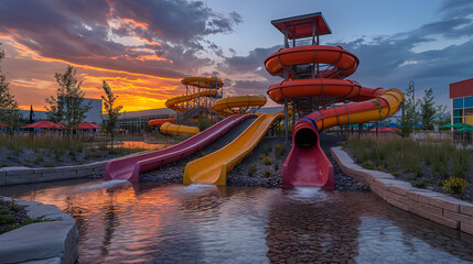 Obraz premium Radiant sunset reflects off vibrant water slides. Colorful amusement park structure glowing under dramatic sky. Perfect for summer vacation themes or family recreation ads.