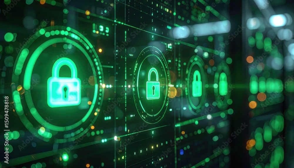 Poster digital network security with green glowing padlock symbols protecting data on a modern server syste