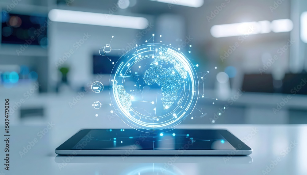 Poster a digital globe hovers above a tablet displaying a global network connected by technology and innova