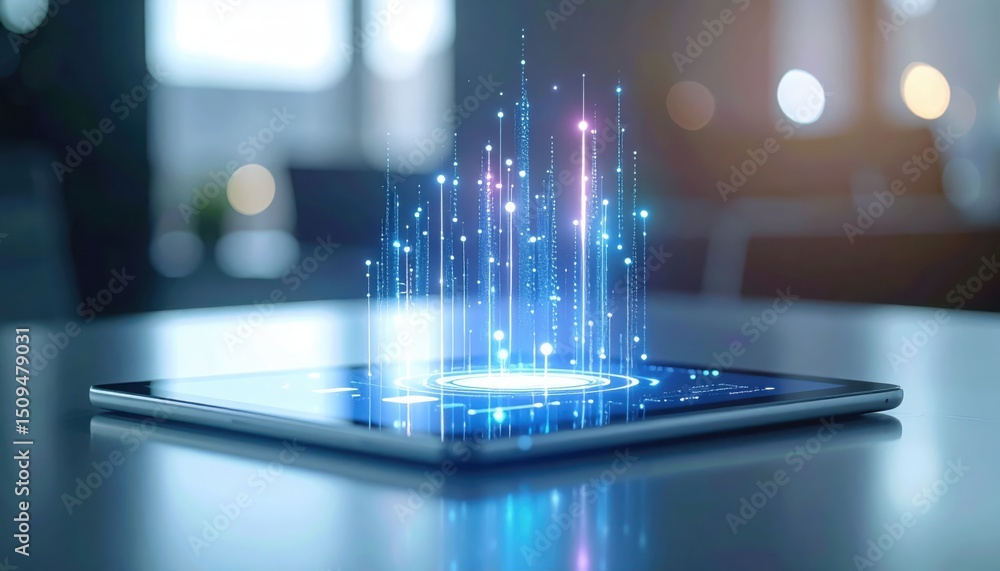 Poster digital tablet displaying abstract glowing light patterns and data streams representing technology a