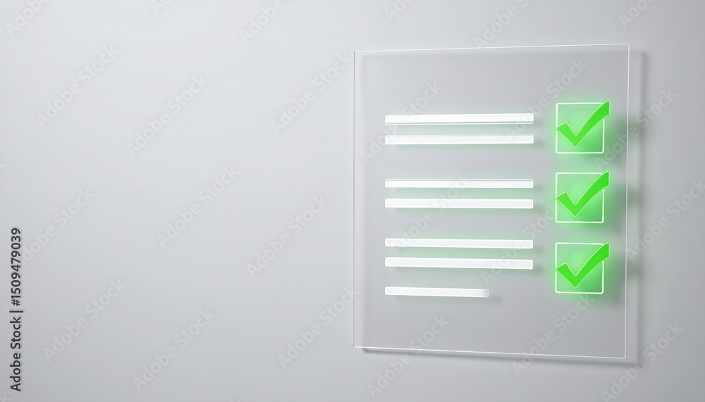Poster on a clear glass board, three glowing green check marks highlight completion of tasks on the to do l