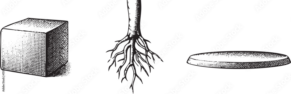 Poster rectangular block rests beside a tree with exposed roots and a circular disc.