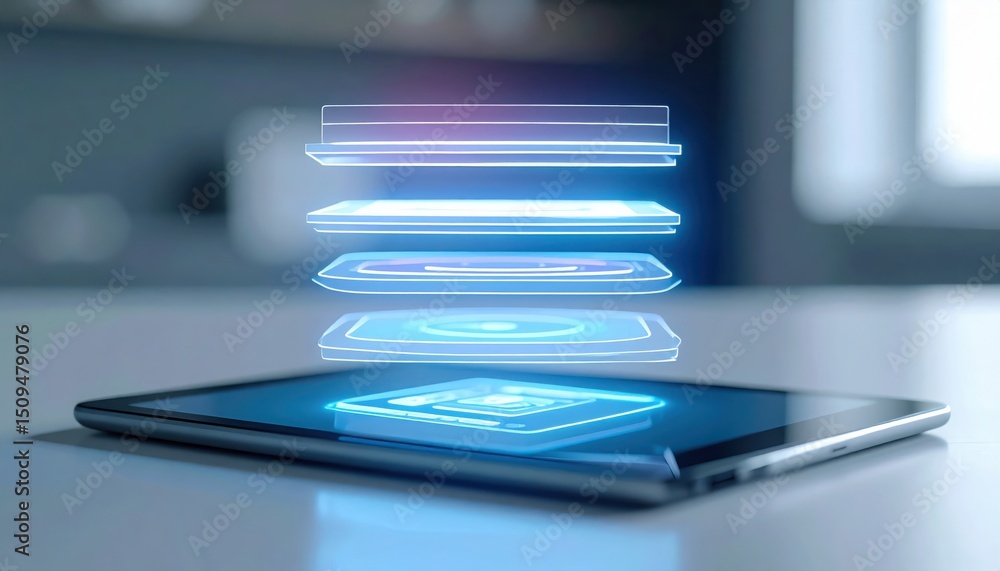 Poster floating digital layers hover above a tablet screen on a light surface showing futuristic technology