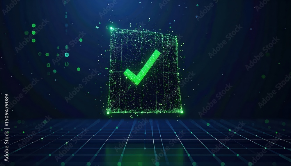 Poster abstract digital display showing a luminous green checkmark inside of glowing square on dark backgro