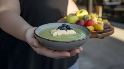 Handheld Bowl of Green Smoothie with Fruit Garnish