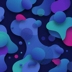 Abstract design with fluid shapes and circles in blue, purple, and pink hues against a dark backdrop. Creates a sense of depth and motion.