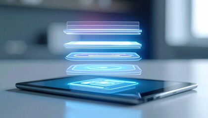 Fototapeta premium Floating digital layers hover above a tablet screen on a light surface showing futuristic technology display.