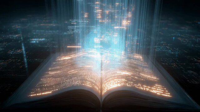 Digital knowledge transfer concept with glowing book emitting data streams, symbol of AI learning, RAG architecture, machine reading comprehension and futuristic education technology