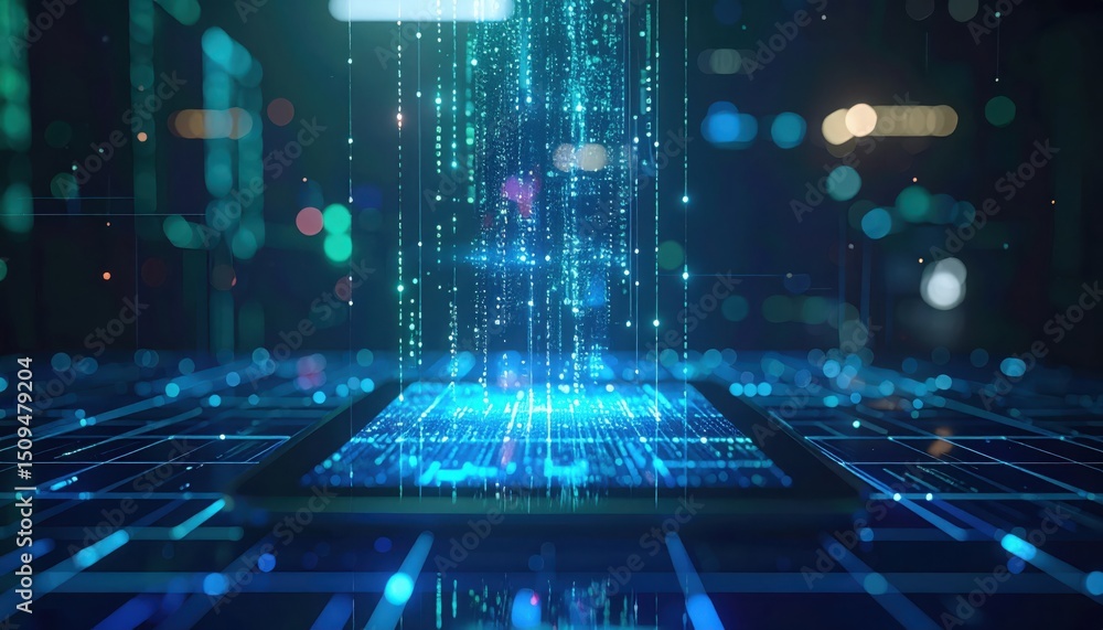 Poster digital data streams flow onto a tablet reflecting the futuristic cityscape and creating technology 