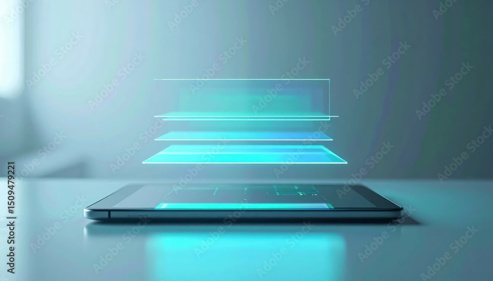 Poster digital layers hover above a tablet demonstrating augmented reality technology with glowing neon blu