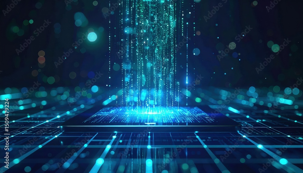 Poster glowing digital data streams onto a modern device, showing a network of connectivity and information