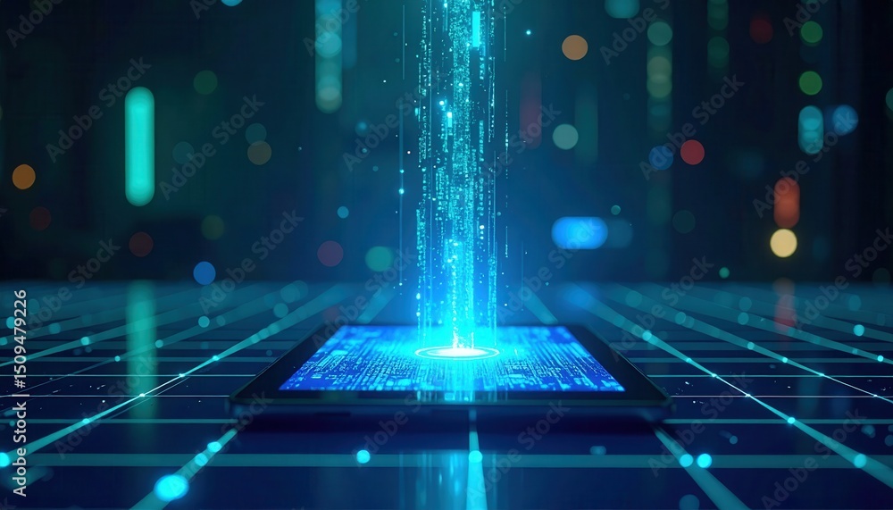 Poster data flows from a digital source toward a tablet device, symbolizing modern technology connectivity 