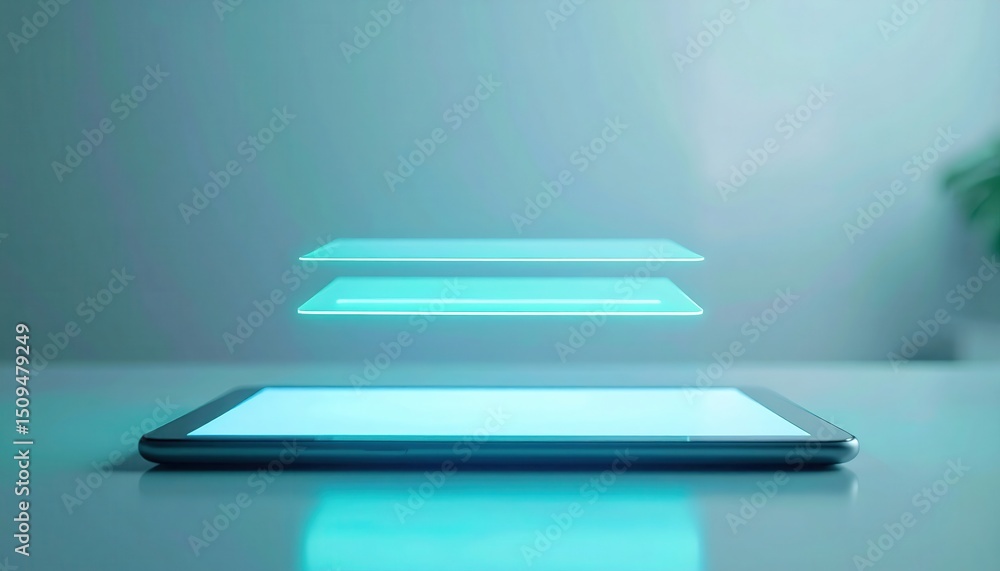 Poster mobile device displays glowing floating user interface elements above screen on a minimalist modern 