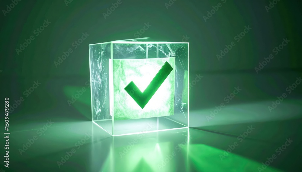 Poster a glowing green check mark is displayed inside of a translucent cube with soft shadows in a dark roo