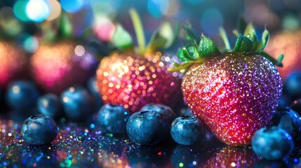 Close-up of glitter-covered strawberries and fresh blueberries on a sparkling surface, creating a dreamy, festive, fantasy-inspired food composition with rich textures and vivid colors