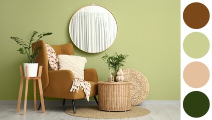 Mirror, armchair, tables and houseplants in living room. Different color patterns