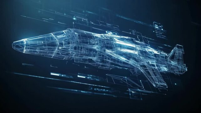 Futuristic digital blueprint of a firearm rotating in 3D, holographic wireframe weapon visualization, concept of cyber defense, virtual military simulation, and advanced weapon technology