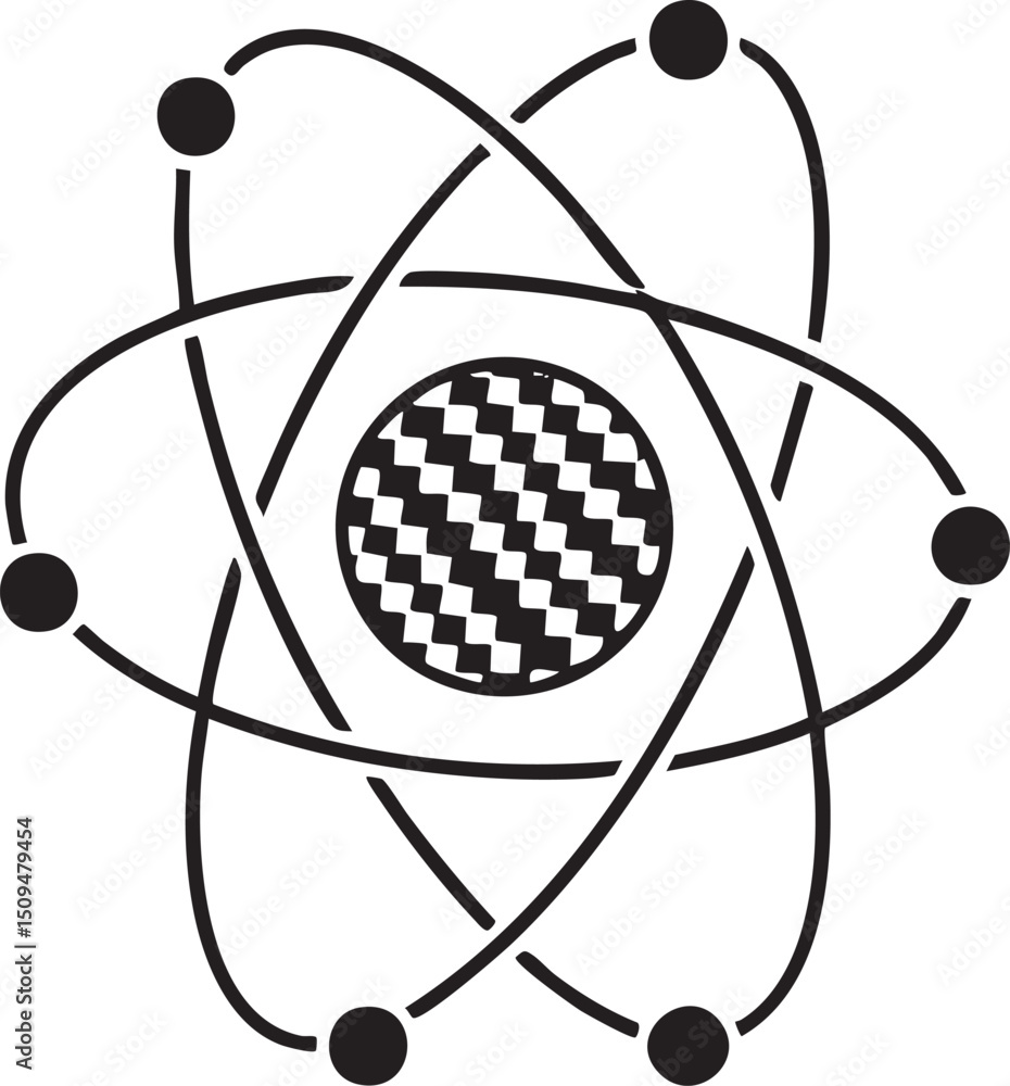 Poster stylized atomic nucleus displays concentric circles surrounding a central checkered .
