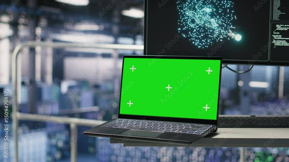 Poster mockup notebook in data center displaying neural network activity. automated infrastructure green sc