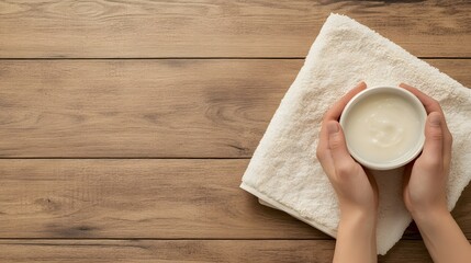 Hands holding a bowl of cream on a white towel against a wooden