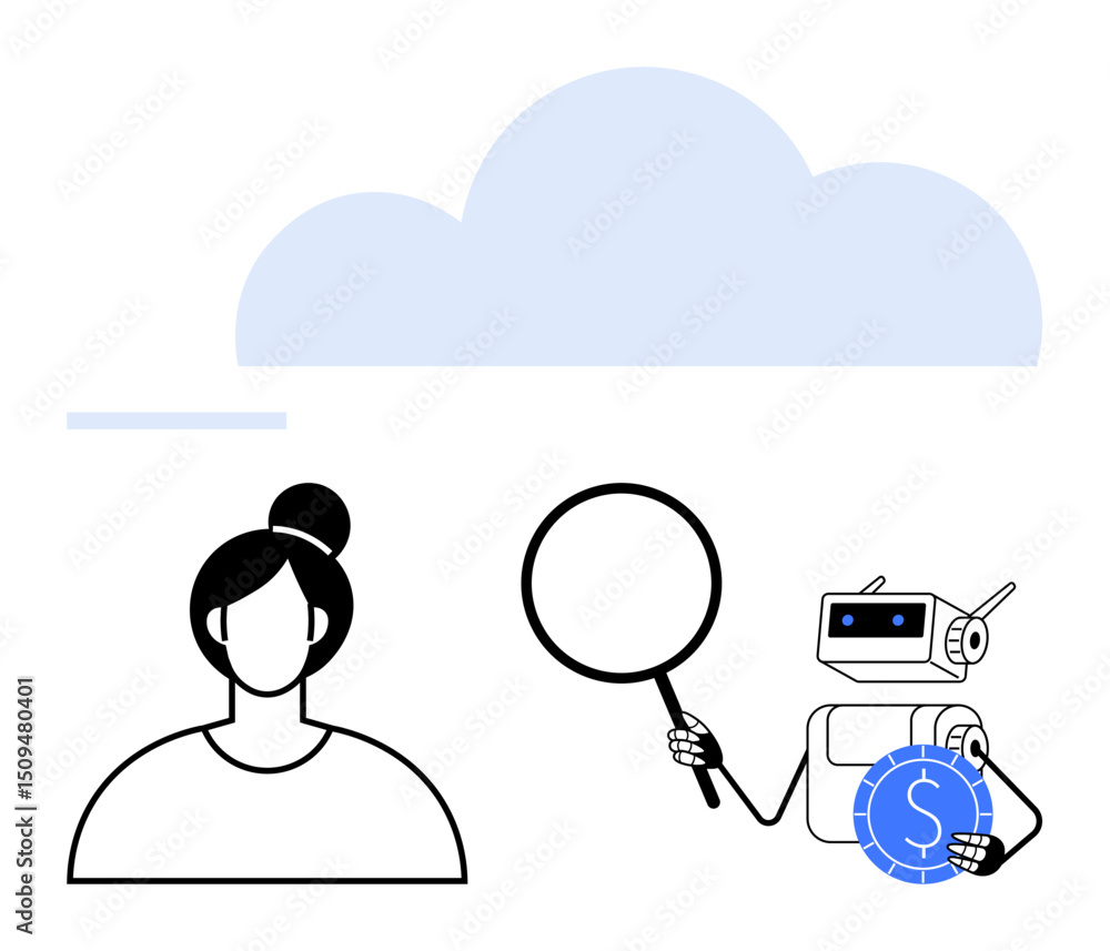 Poster person and robot analyzing data with magnifying glass and coin under cloud. ideal for ai, finance, t