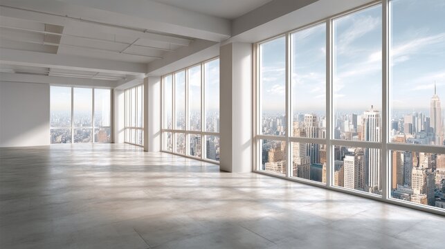 Bright and airy empty office interior featuring expansive windows that provide panoramic views of the bustling cityscape under a clear sky