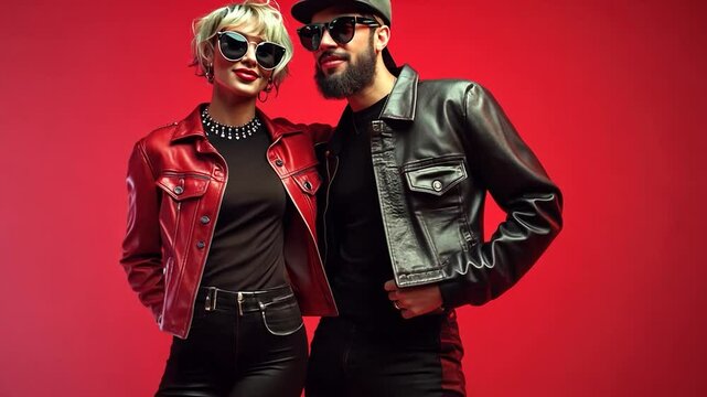 Stylish couple in red and black leather jackets posing against vibrant red backdrop