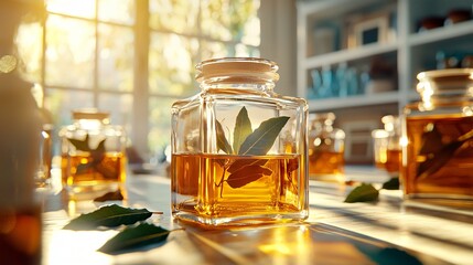 apothecary-style jar mockup surrounded by bay leaves and amber glass, natural kitchen scene with subdued lighting, heritage product design vibe