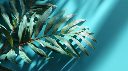 Bright turquoise surface enhances the beauty of green leaves, showcasing intricate patterns as sunlight filters through. The shadows create a captivating visual effect, emphasizing nature's elegance