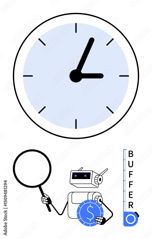Poster robot holding magnifier and coin below clock with buffer level gauge. ideal for productivity, effici