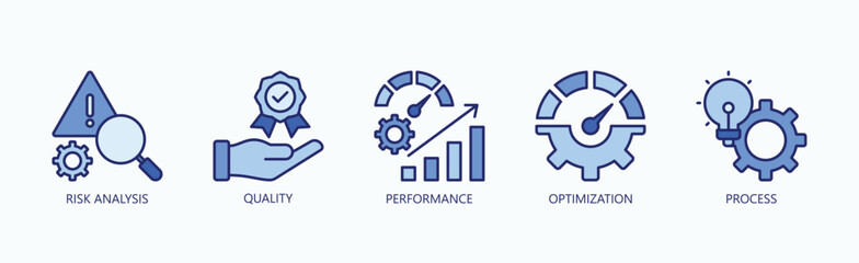 Key Pillars Of Excellence Icon Set Isolated Vector With Icon Of Risk Analysis, Quality, Performance, Optimization, Process In Blue Style