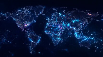 Global Network Connections Digital World Map Abstract Blue Technology Background Futuristic Illuminated City Lights Worldwide Interconnection Digital Data Visualization Graphic    
