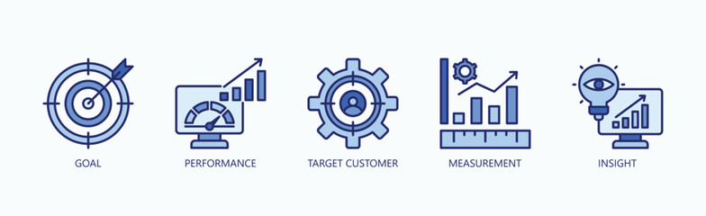 Obraz premium Path To Success Icon Set Isolated Vector With Icon Of Goal, Performance, Target Customer, Measurement, Insight In Blue Style